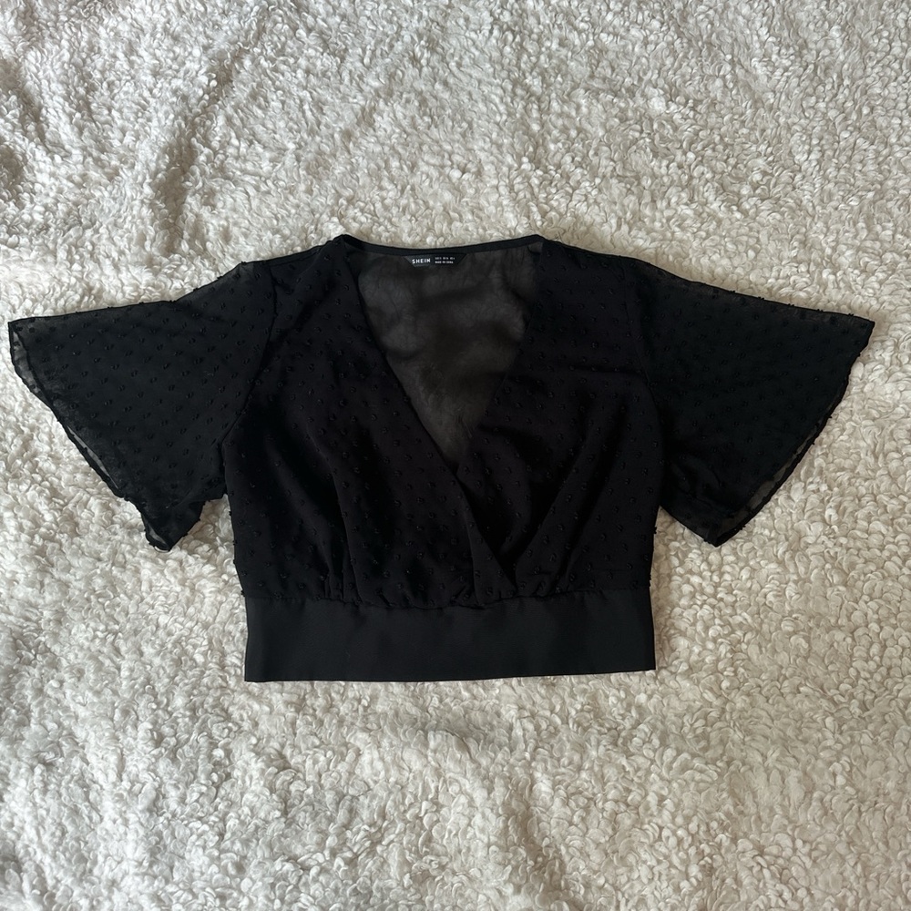 Black sheer crop top with flutter sleeves